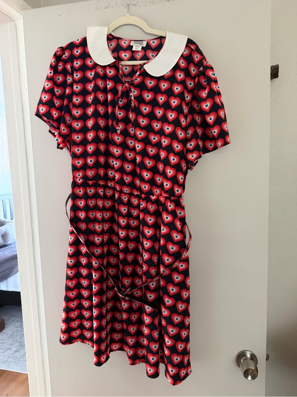 Unique Vintage Red Heart Print Dress with White Peter Pan Collar